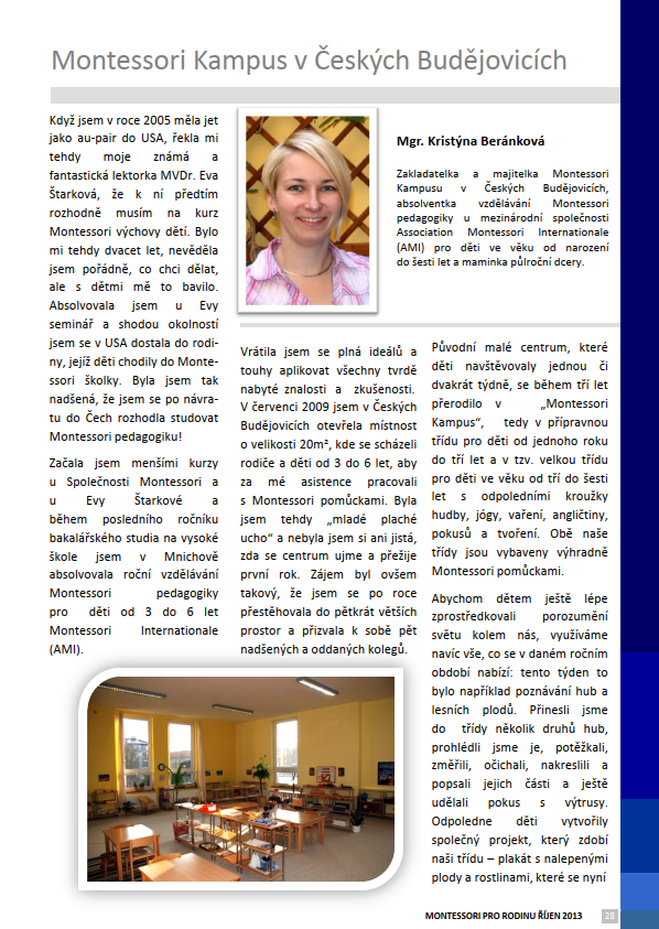 Portrét usměvavé ženy v interiéru, vedle text o Montessori kampusu v Českých Budějovicích.