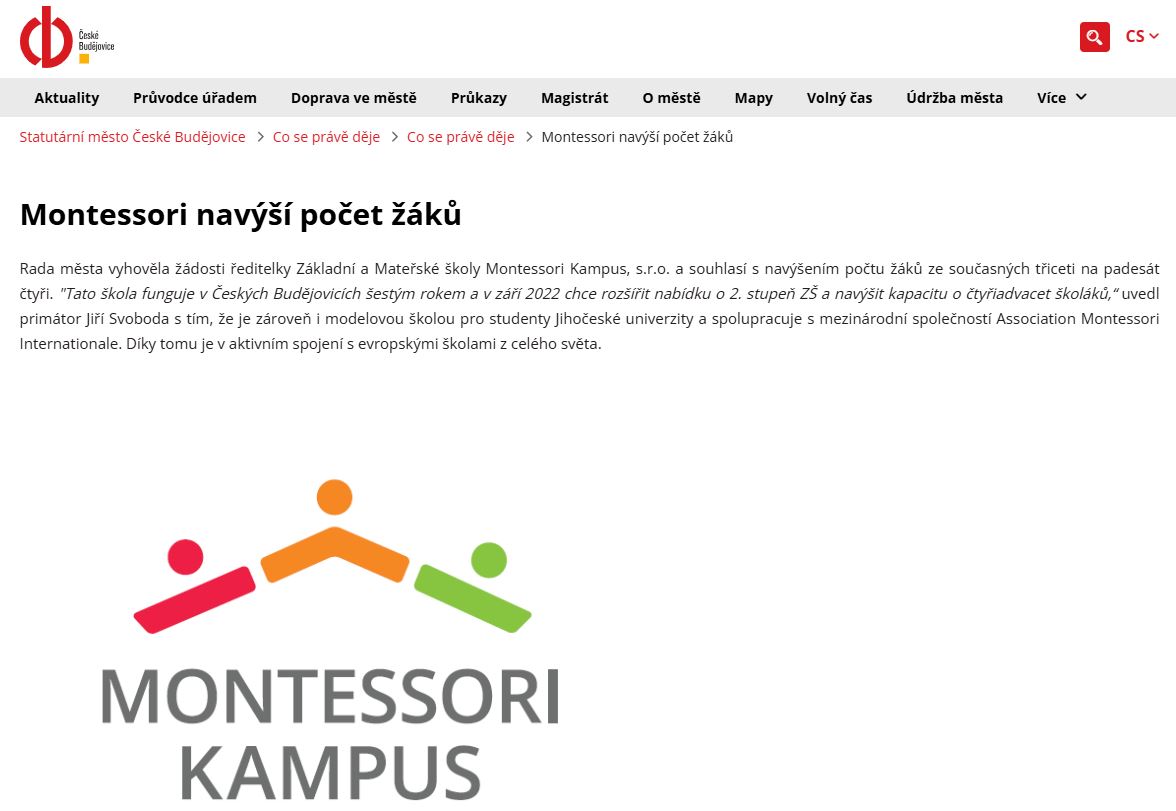 Webová stránka města s titulkem Montessori navýší počet žáků a logem Montessori Kampus.